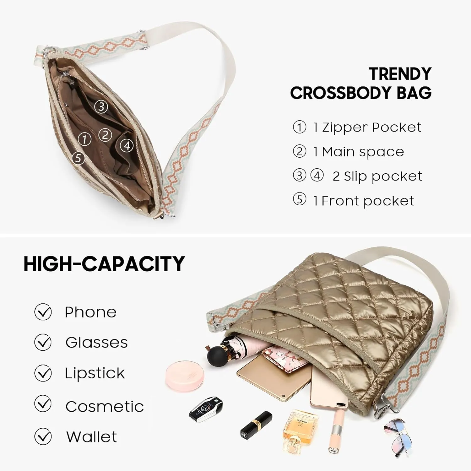 Quilted Crossbody Bags for Women, Unique Pattern Strap Quilted Bag, Crossbody Purses for Women, Quilted Puffer Bag for Women