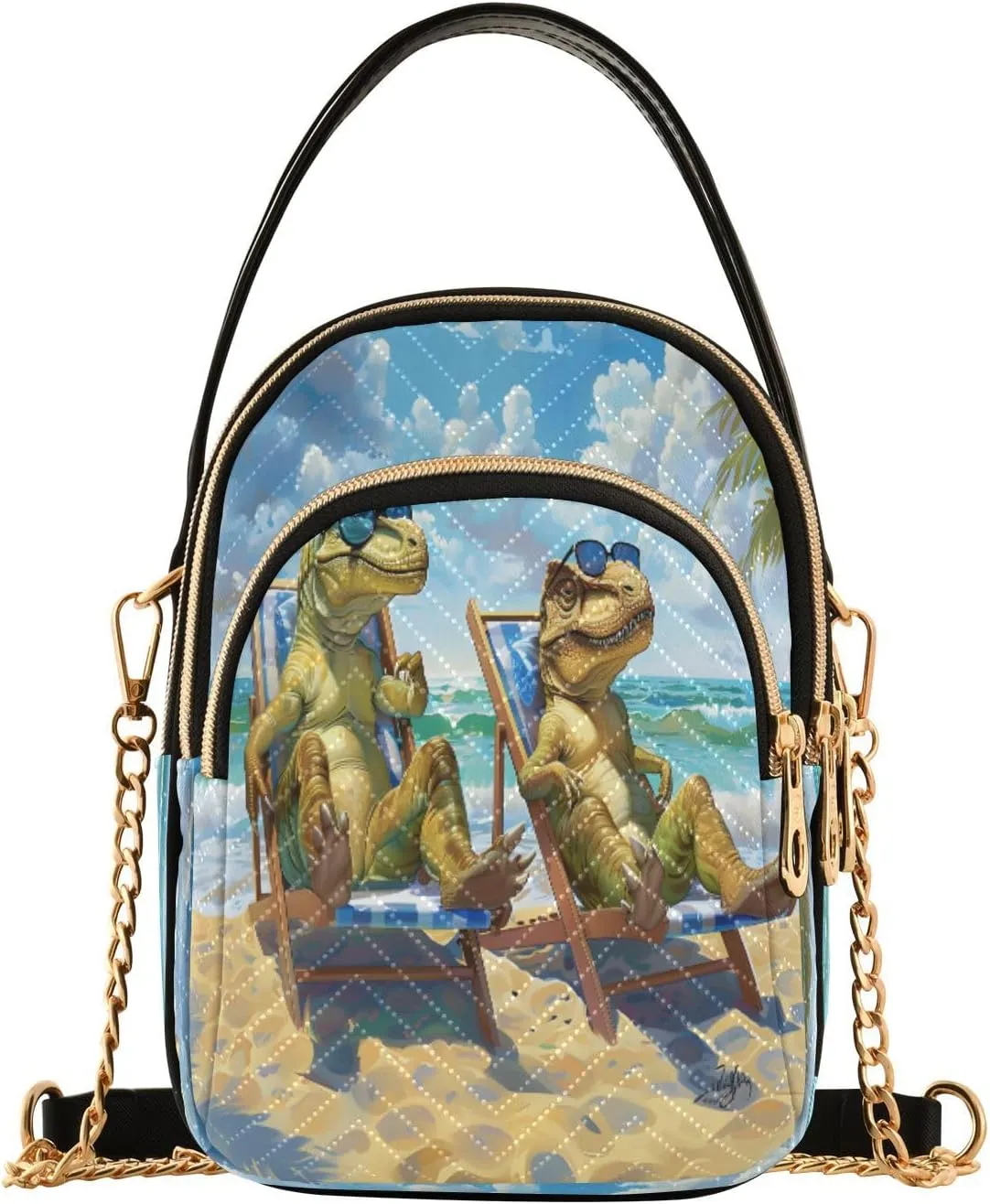 Quilted Crossbody Bags for Women,Dinosaurs Lying on Beach Chairs Women's Crossbody Handbags Small Travel Purses Phone Bag