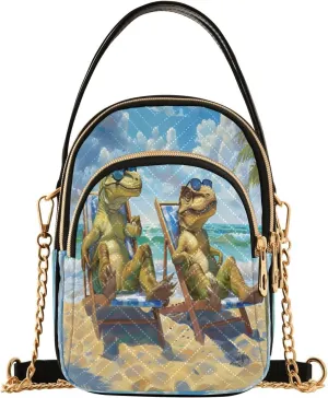 Quilted Crossbody Bags for Women,Dinosaurs Lying on Beach Chairs Women's Crossbody Handbags Small Travel Purses Phone Bag