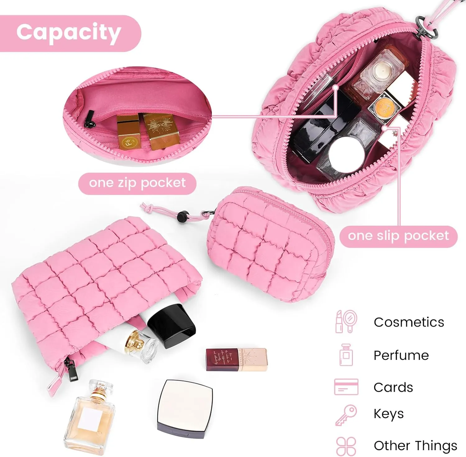 Quilted Makeup Bag and Zip Card Pouch Key Chain Puffer Cosmetic Bag Travel Cute Makeup Bag Organizer Mini Coin Purse
