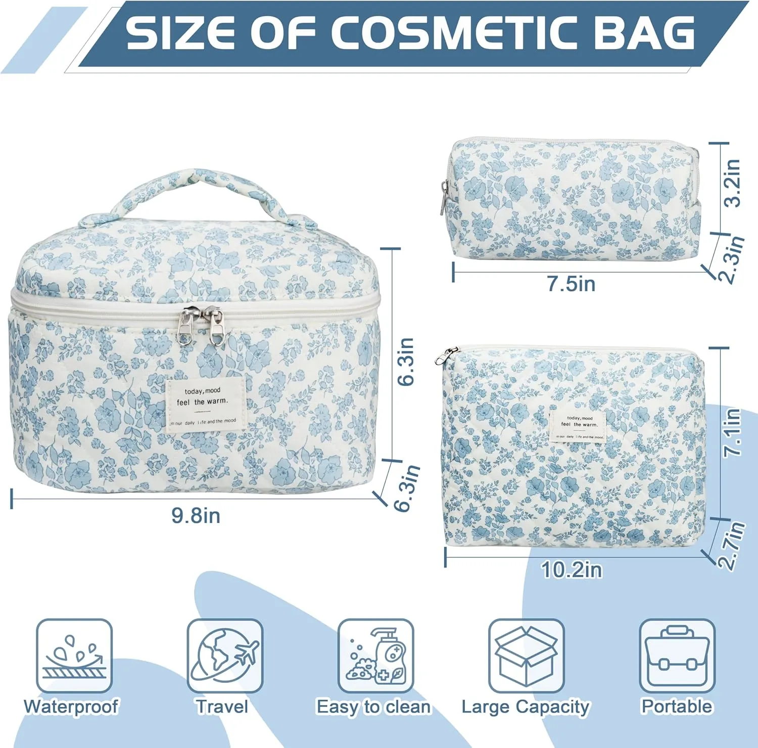 Quilted Makeup Bag Set - 3 PCS Cute Floral Cotton Makeup Bag, Large Coquette Aesthetic Make up Cosmetic Bag, Flower Travel Toiletry Organizer Bags for Women Girls