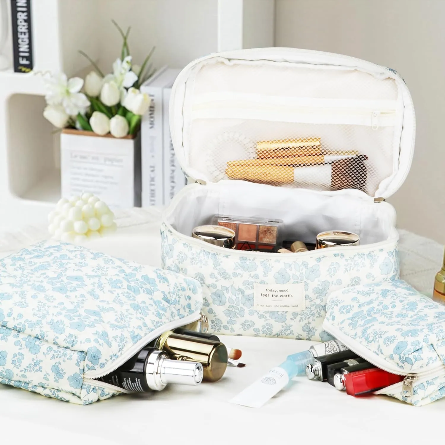 Quilted Makeup Bag Set - 3 PCS Cute Floral Cotton Makeup Bag, Large Coquette Aesthetic Make up Cosmetic Bag, Flower Travel Toiletry Organizer Bags for Women Girls