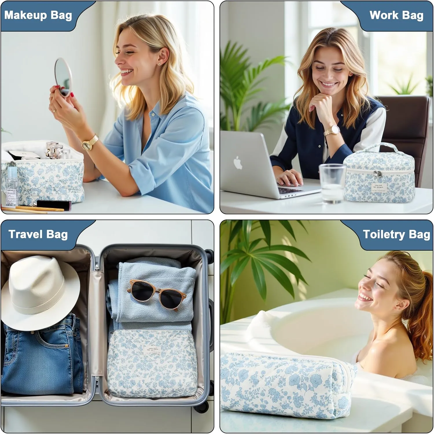 Quilted Makeup Bag Set - 3 PCS Cute Floral Cotton Makeup Bag, Large Coquette Aesthetic Make up Cosmetic Bag, Flower Travel Toiletry Organizer Bags for Women Girls