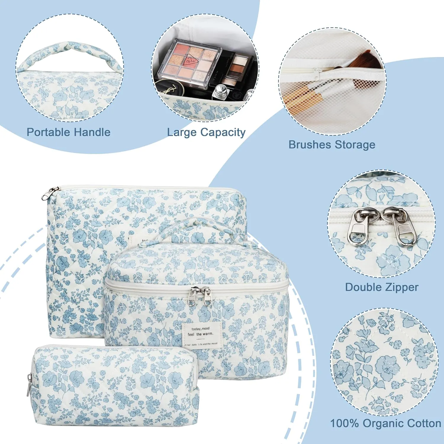 Quilted Makeup Bag Set - 3 PCS Cute Floral Cotton Makeup Bag, Large Coquette Aesthetic Make up Cosmetic Bag, Flower Travel Toiletry Organizer Bags for Women Girls