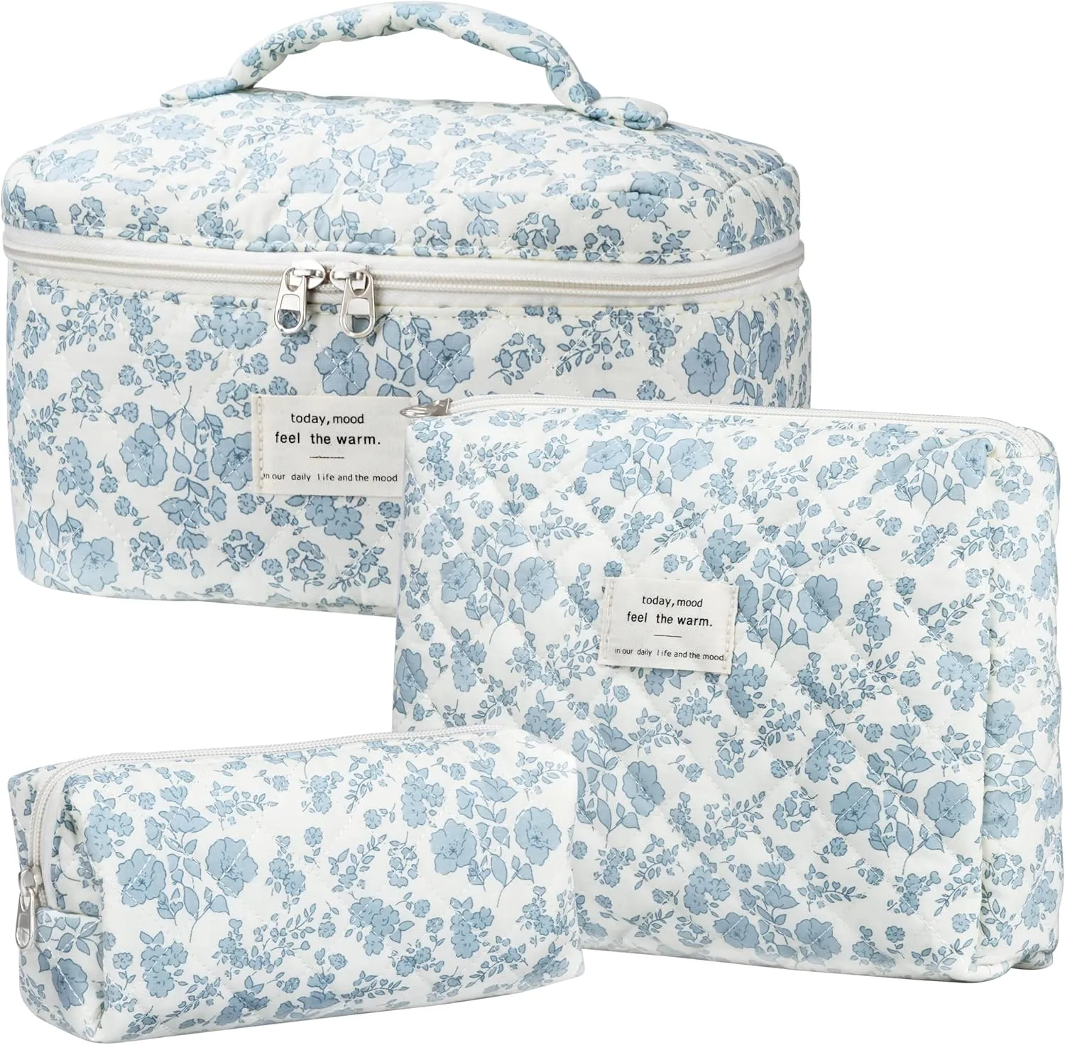 Quilted Makeup Bag Set - 3 PCS Cute Floral Cotton Makeup Bag, Large Coquette Aesthetic Make up Cosmetic Bag, Flower Travel Toiletry Organizer Bags for Women Girls