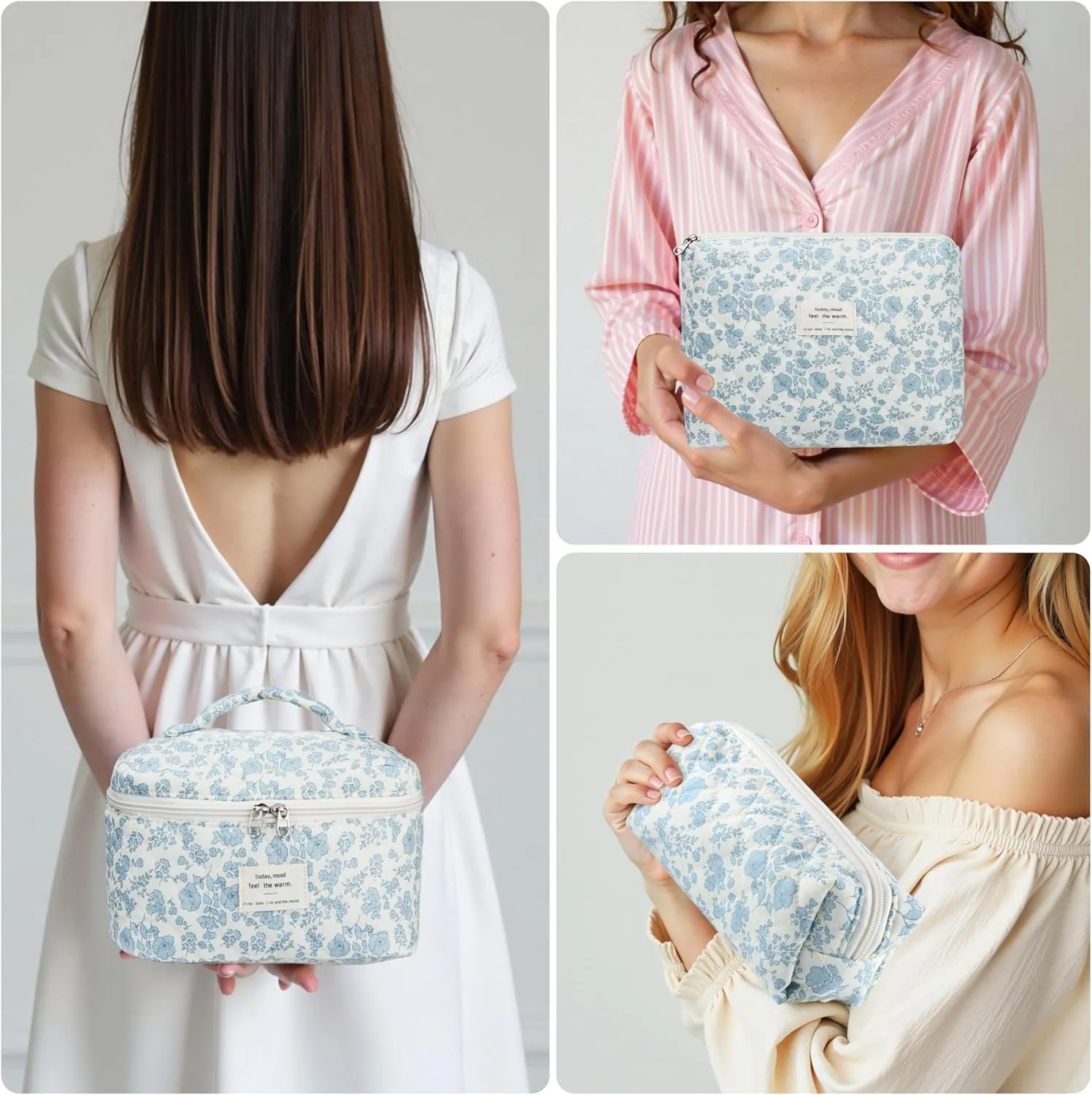 Quilted Makeup Bag Set - 3 PCS Cute Floral Cotton Makeup Bag, Large Coquette Aesthetic Make up Cosmetic Bag, Flower Travel Toiletry Organizer Bags for Women Girls