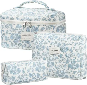 Quilted Makeup Bag Set - 3 PCS Cute Floral Cotton Makeup Bag, Large Coquette Aesthetic Make up Cosmetic Bag, Flower Travel Toiletry Organizer Bags for Women Girls