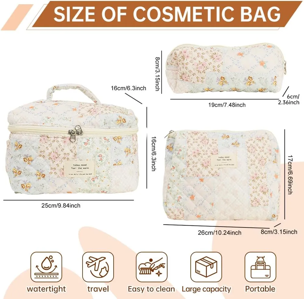 Quilted Makeup Bag Set, Cute Makeup Bag, Cotton Floral Makeup Bag Set, Aesthetic Coquette Toiletrybag, for Travel Toiletry (Bee Flower)