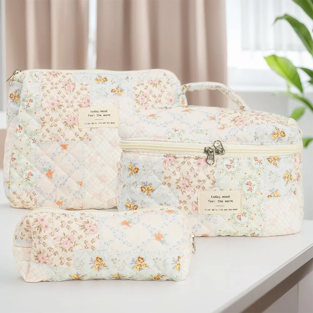 Quilted Makeup Bag Set, Cute Makeup Bag, Cotton Floral Makeup Bag Set, Aesthetic Coquette Toiletrybag, for Travel Toiletry (Bee Flower)