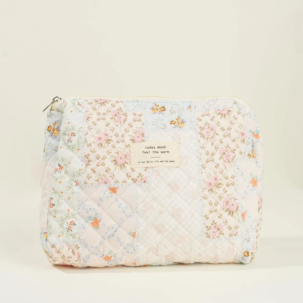 Quilted Makeup Bag Set, Cute Makeup Bag, Cotton Floral Makeup Bag Set, Aesthetic Coquette Toiletrybag, for Travel Toiletry (Bee Flower)