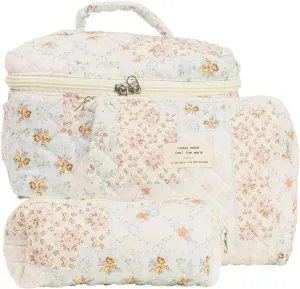 Quilted Makeup Bag Set, Cute Makeup Bag, Cotton Floral Makeup Bag Set, Aesthetic Coquette Toiletrybag, for Travel Toiletry (Bee Flower)