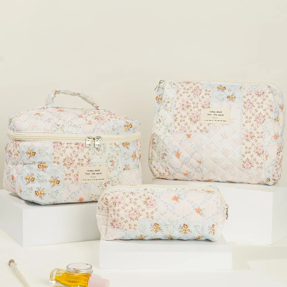 Quilted Makeup Bag Set, Cute Makeup Bag, Cotton Floral Makeup Bag Set, Aesthetic Coquette Toiletrybag, for Travel Toiletry (Bee Flower)