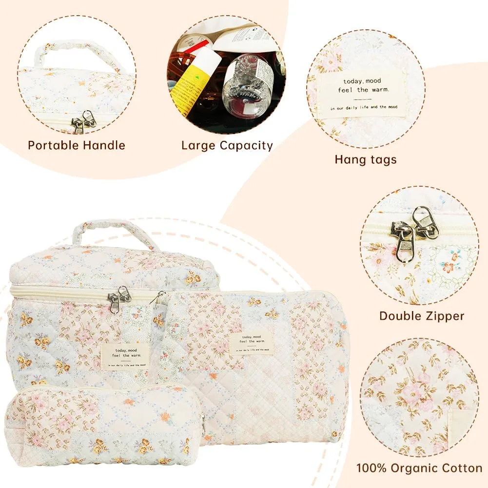 Quilted Makeup Bag Set, Cute Makeup Bag, Cotton Floral Makeup Bag Set, Aesthetic Coquette Toiletrybag, for Travel Toiletry (Bee Flower)