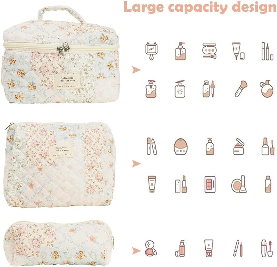 Quilted Makeup Bag Set, Cute Makeup Bag, Cotton Floral Makeup Bag Set, Aesthetic Coquette Toiletrybag, for Travel Toiletry (Bee Flower)