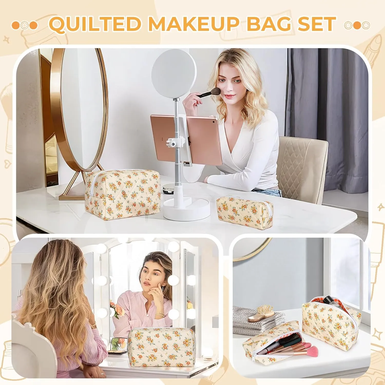 Quilted Makeup Bag Set,Large Floral Cosmetic Pouch For Women,Cute Cotton Brushes Storage Travel Toiletry Organizer Bags(Orange Floral)