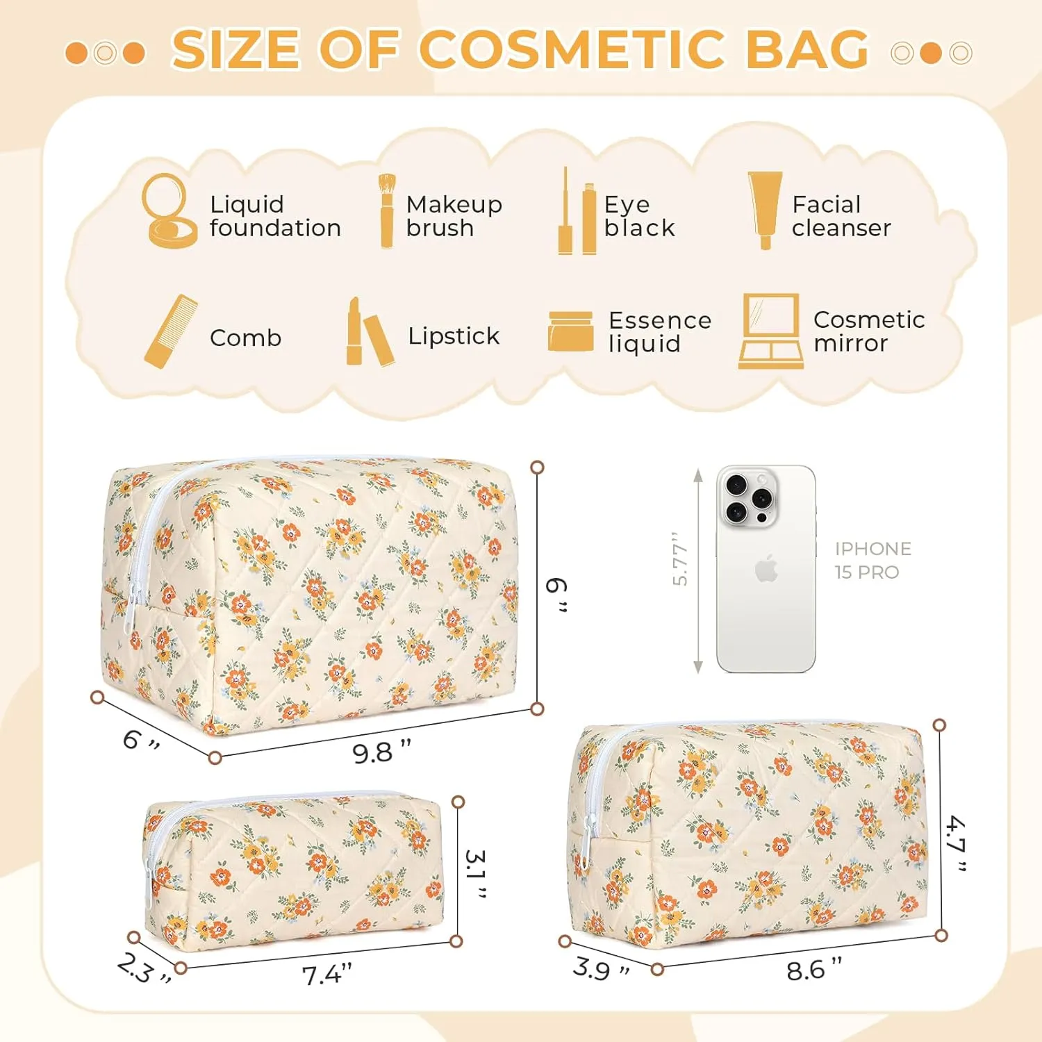 Quilted Makeup Bag Set,Large Floral Cosmetic Pouch For Women,Cute Cotton Brushes Storage Travel Toiletry Organizer Bags(Orange Floral)