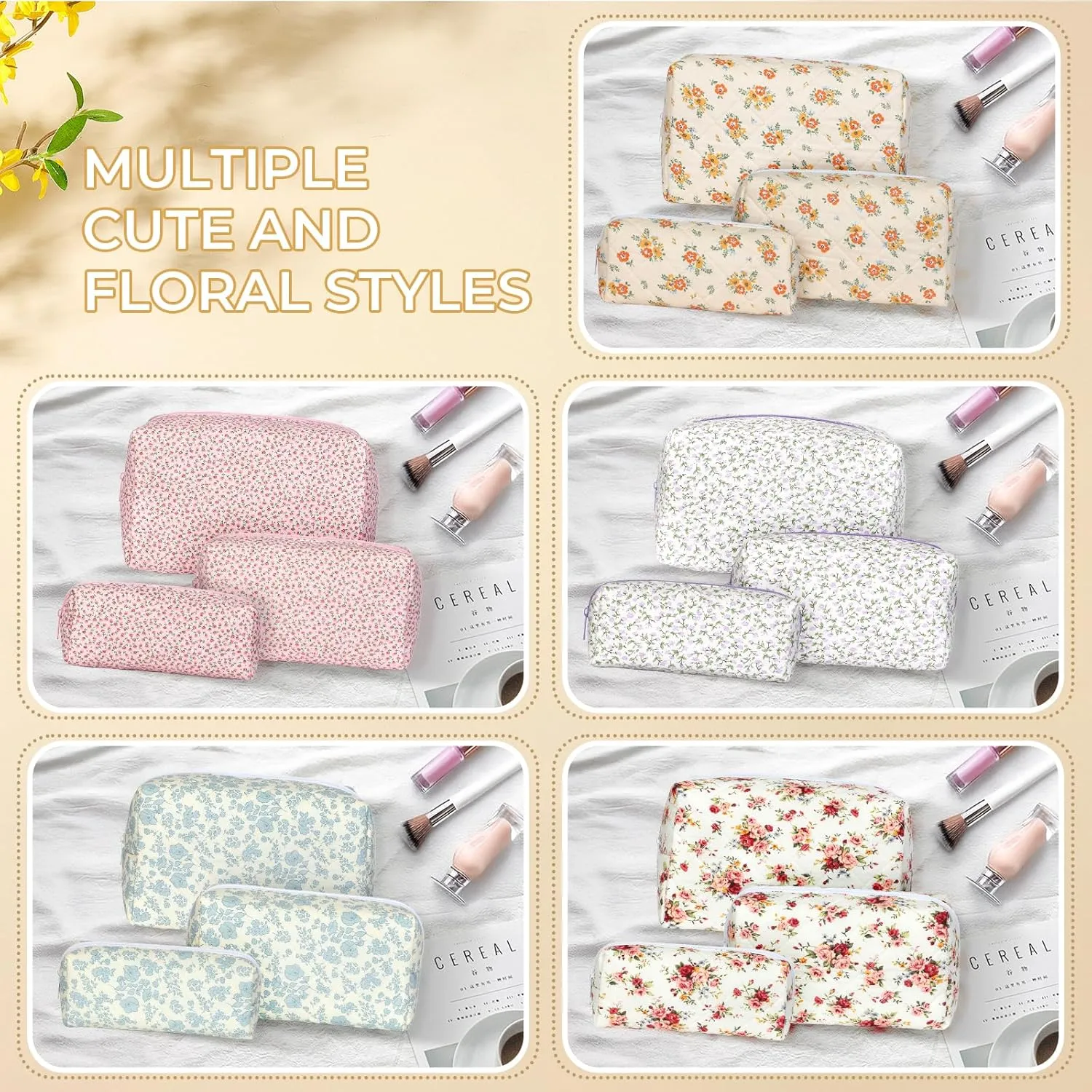 Quilted Makeup Bag Set,Large Floral Cosmetic Pouch For Women,Cute Cotton Brushes Storage Travel Toiletry Organizer Bags(Orange Floral)