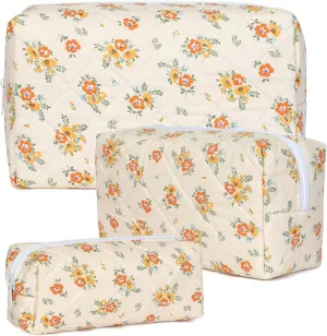 Quilted Makeup Bag Set,Large Floral Cosmetic Pouch For Women,Cute Cotton Brushes Storage Travel Toiletry Organizer Bags(Orange Floral)