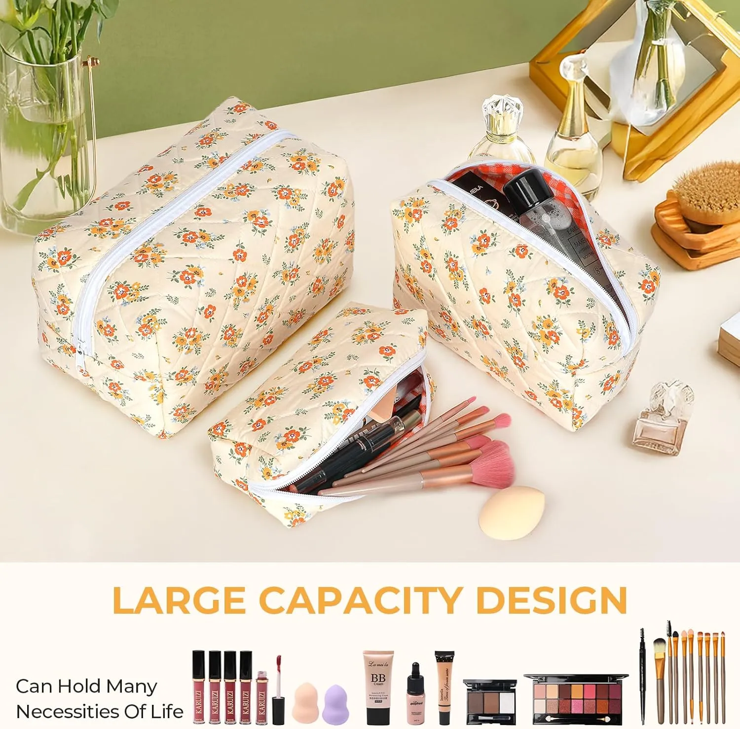 Quilted Makeup Bag Set,Large Floral Cosmetic Pouch For Women,Cute Cotton Brushes Storage Travel Toiletry Organizer Bags(Orange Floral)