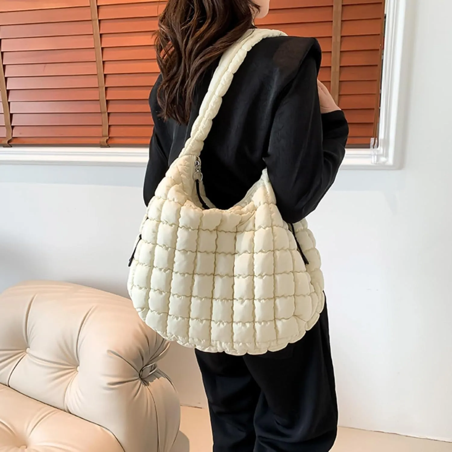 Quilted Puffer Crossbody Bag Lightweight Nylon Puffer Tote Bag Puffy Shoulder Bag Carryall Hobo Bags for Women