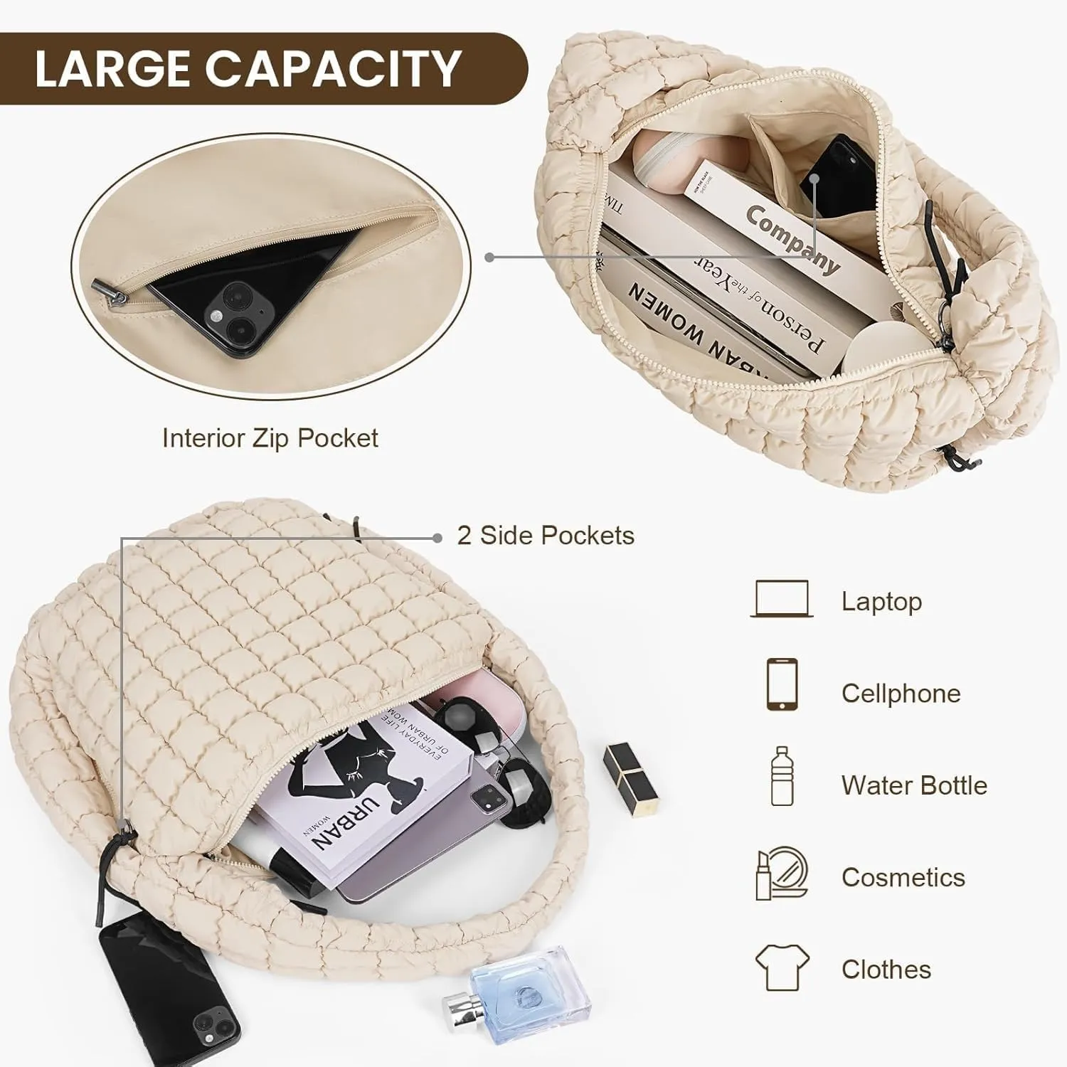 Quilted Puffer Crossbody Bag Lightweight Nylon Puffer Tote Bag Puffy Shoulder Bag Carryall Hobo Bags for Women
