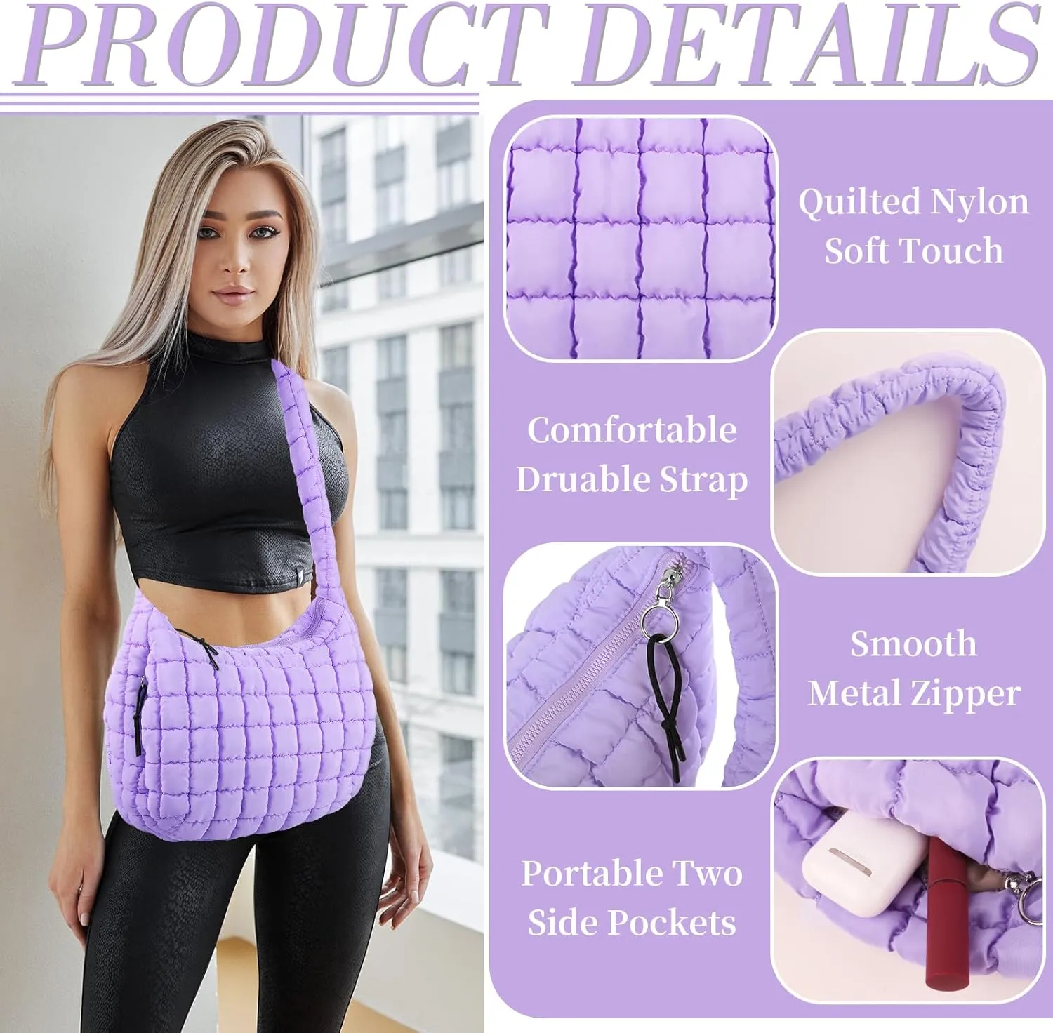 Quilted Puffer Tote Bag for Women - Large Crossbody Bag, Lightweight Nylon Puffy Carryall Hobo Puff Shoulder Bag