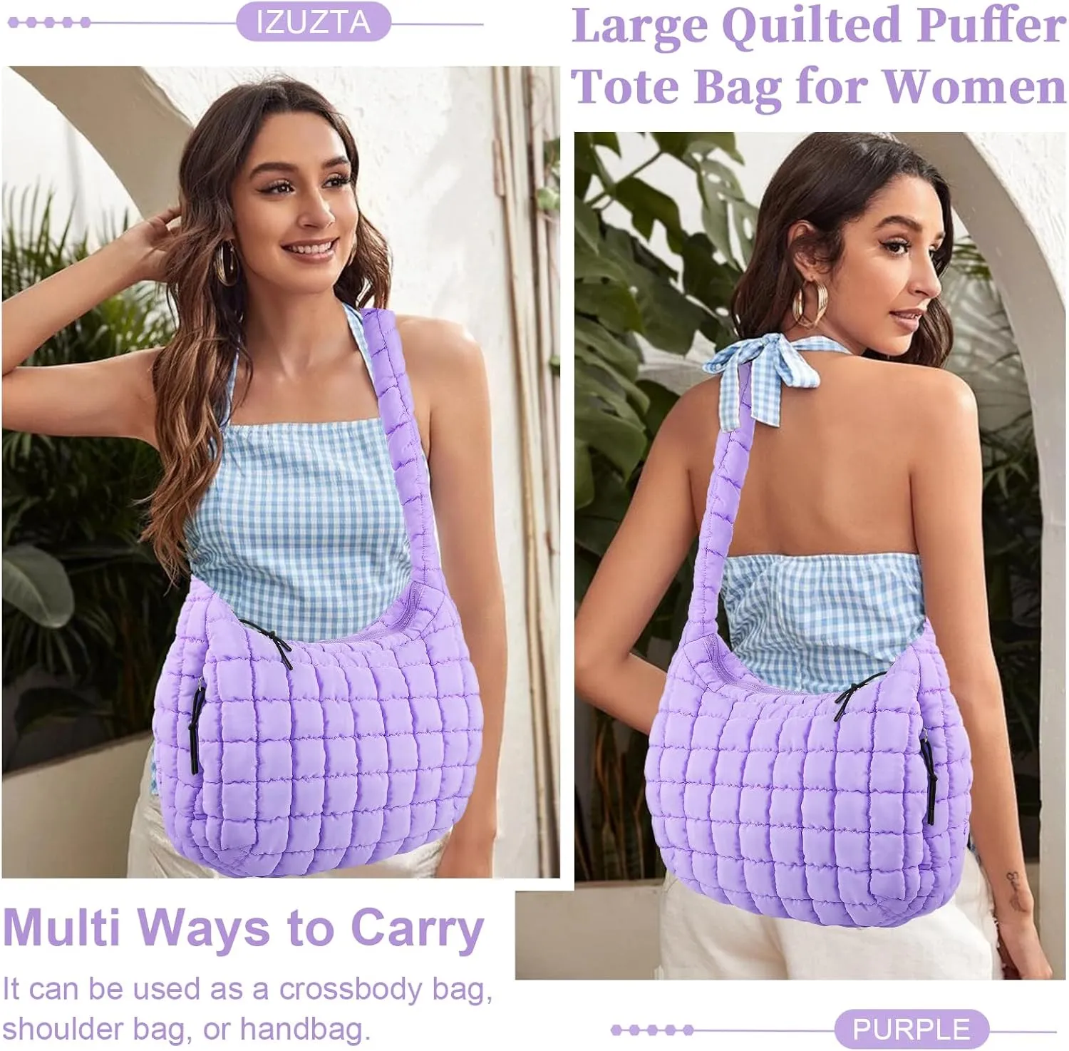 Quilted Puffer Tote Bag for Women - Large Crossbody Bag, Lightweight Nylon Puffy Carryall Hobo Puff Shoulder Bag
