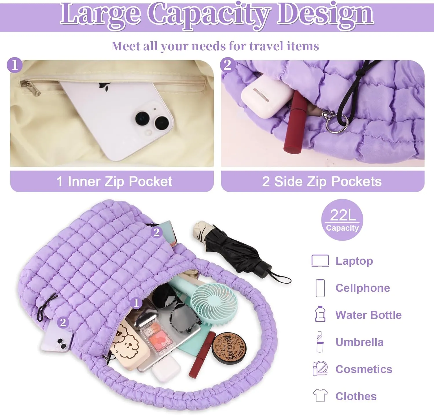 Quilted Puffer Tote Bag for Women - Large Crossbody Bag, Lightweight Nylon Puffy Carryall Hobo Puff Shoulder Bag