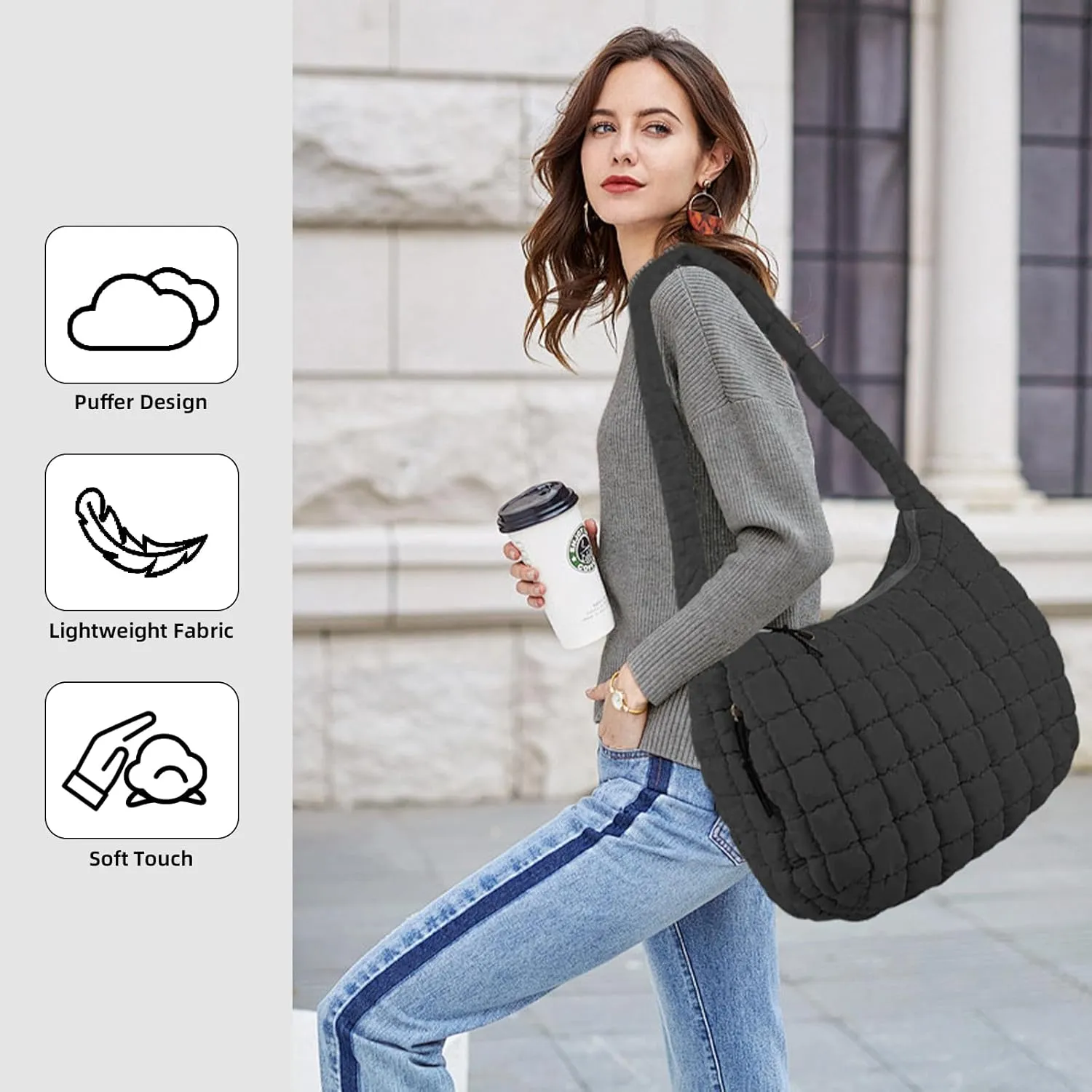 Quilted Puffer Tote Bag for Women Large Quilted Crossbody Hobo Bags Puffy Purse Carryall Bag Nylon Shoulder Handbag