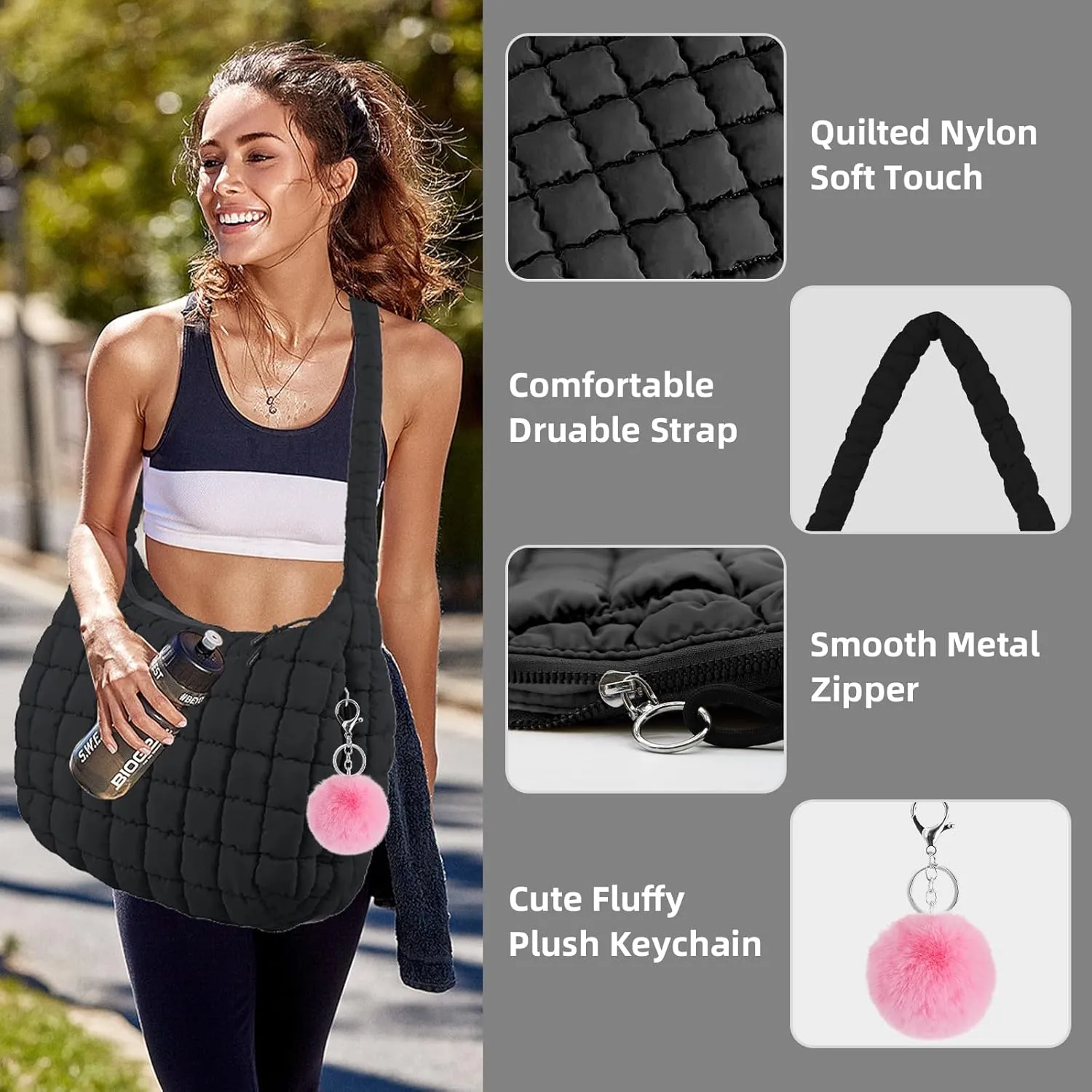 Quilted Puffer Tote Bag for Women Large Quilted Crossbody Hobo Bags Puffy Purse Carryall Bag Nylon Shoulder Handbag