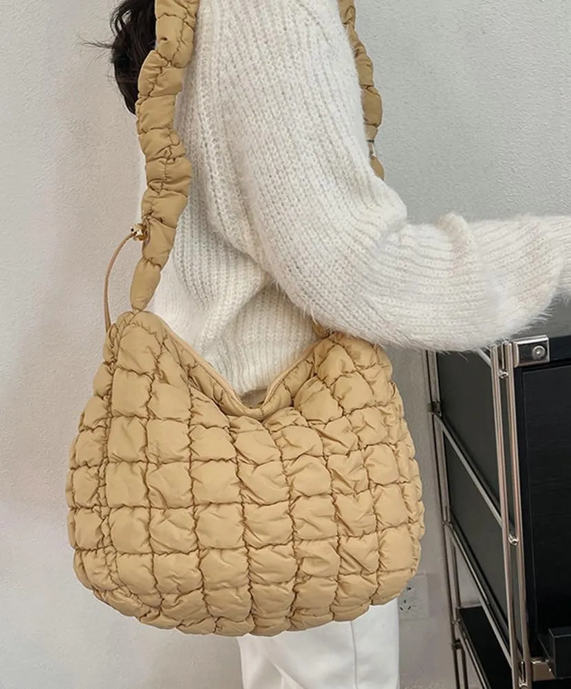 Quilted Puffer Tote Bag for Women Lightweight Shoulder Bag for Work Causal Puffy Cross Body Bags with Large Capacity