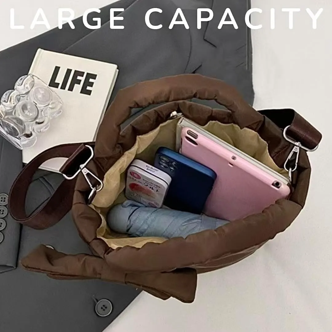 Quilted Puffer Tote with Bow Accent & Adjustable Strap Medium PaddCrossbody Bag Soft Puffy Hobo Handbags Puff Purse for Women