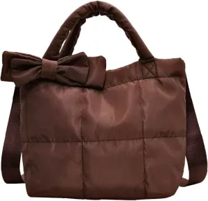 Quilted Puffer Tote with Bow Accent & Adjustable Strap Medium PaddCrossbody Bag Soft Puffy Hobo Handbags Puff Purse for Women