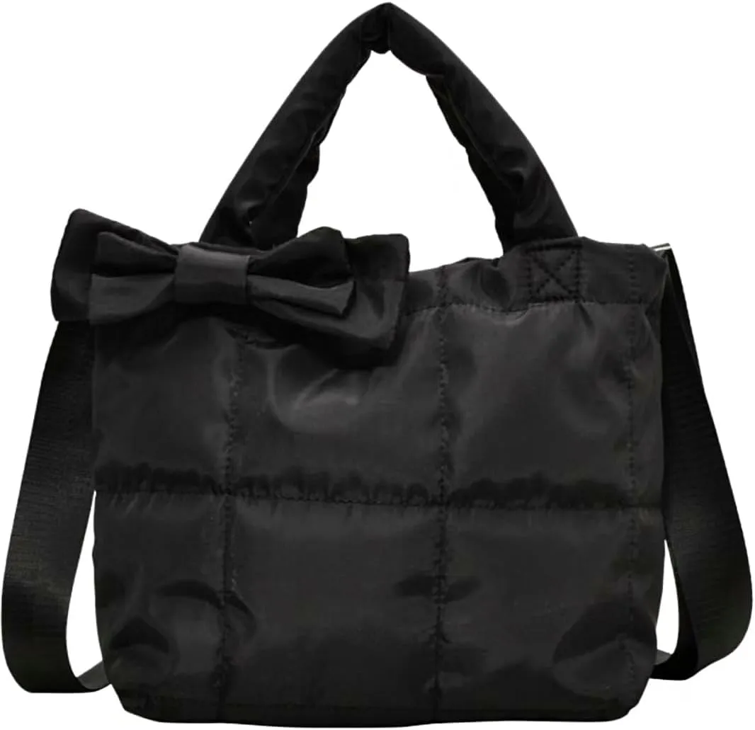 Quilted Puffer Tote with Bow Accent & Adjustable Strap Medium PaddCrossbody Bag Soft Puffy Hobo Handbags Puff Purse for Women