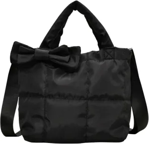 Quilted Puffer Tote with Bow Accent & Adjustable Strap Medium PaddCrossbody Bag Soft Puffy Hobo Handbags Puff Purse for Women