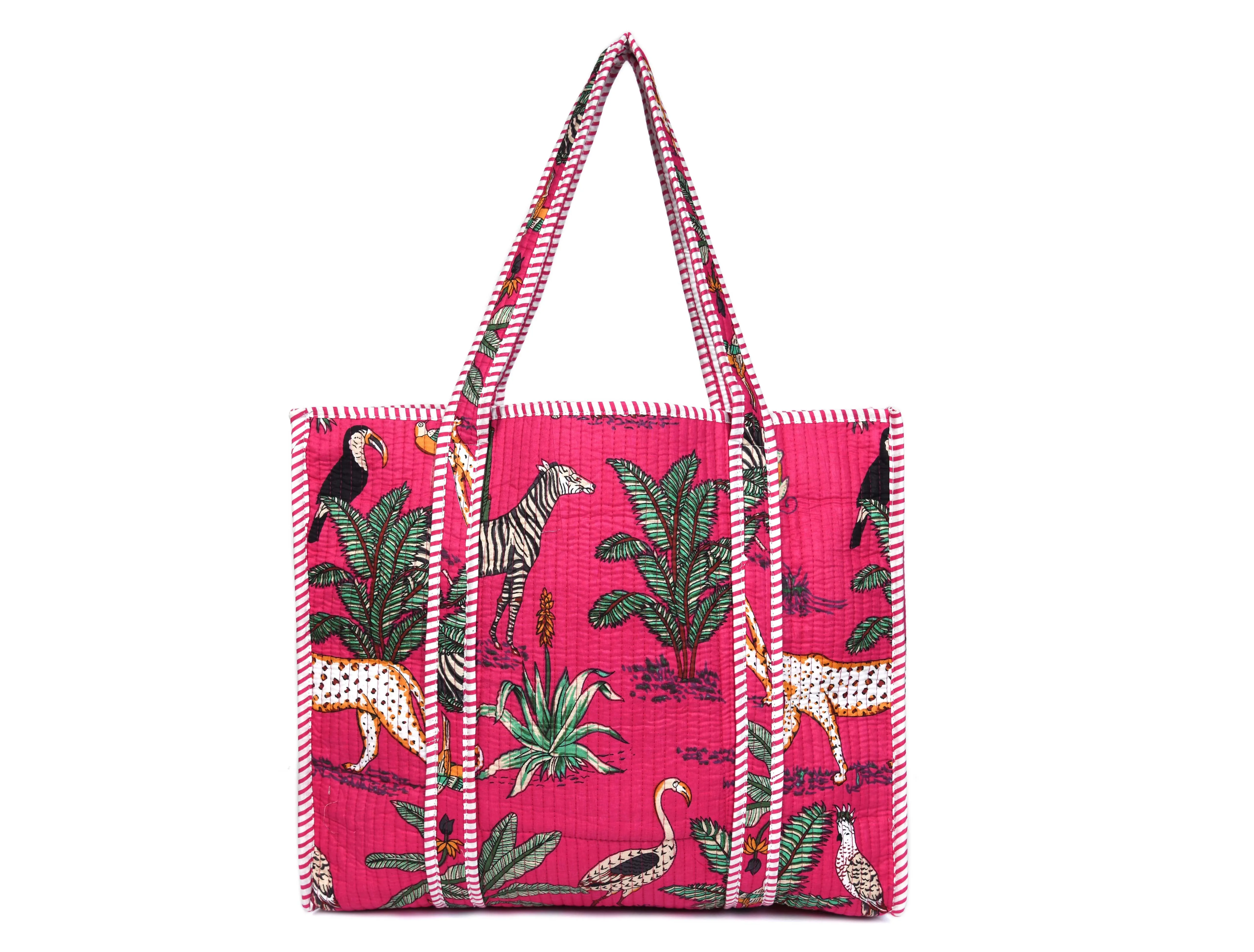 Quilted Safari  Cotton Cloth Tote Bag - Bright Pink