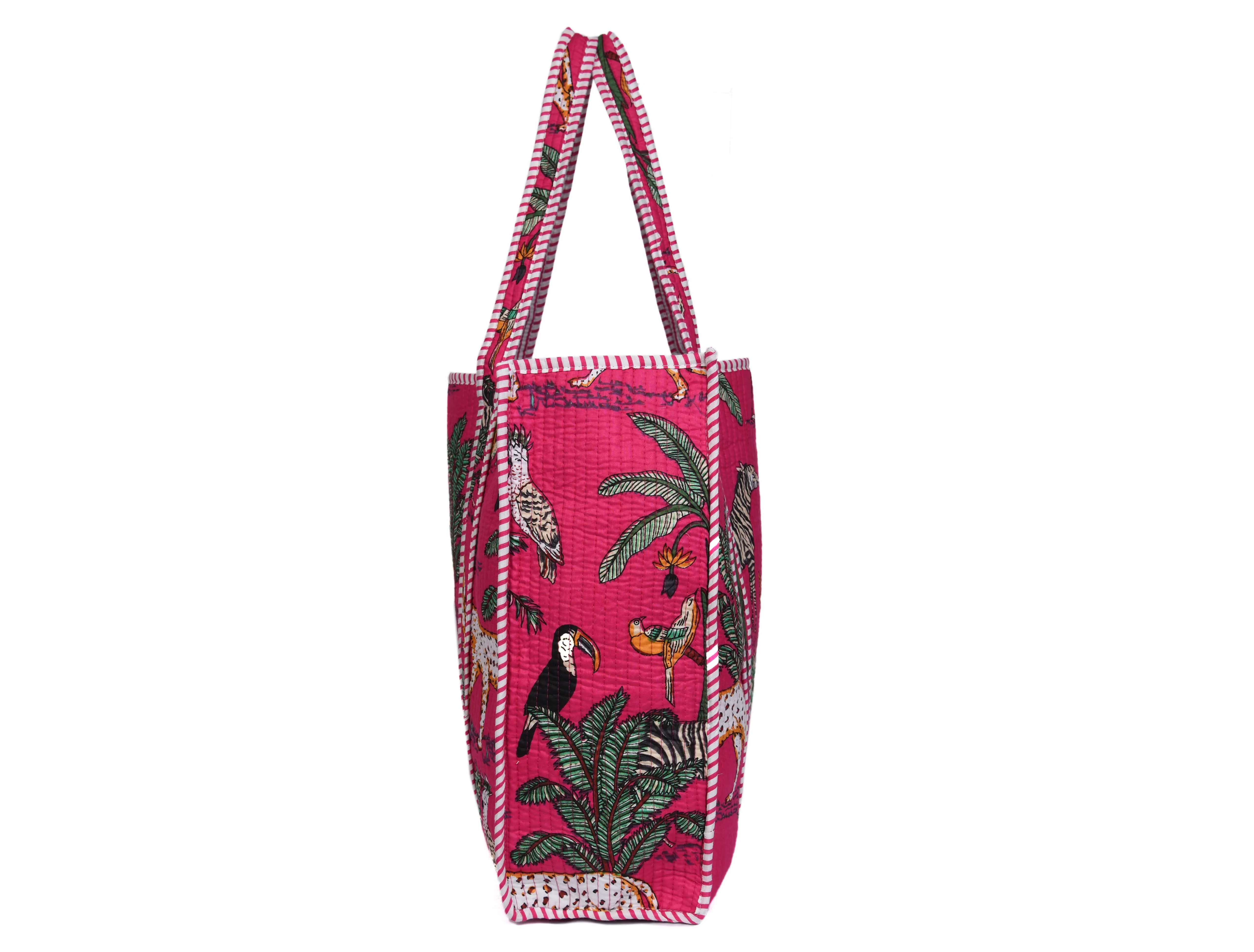 Quilted Safari  Cotton Cloth Tote Bag - Bright Pink