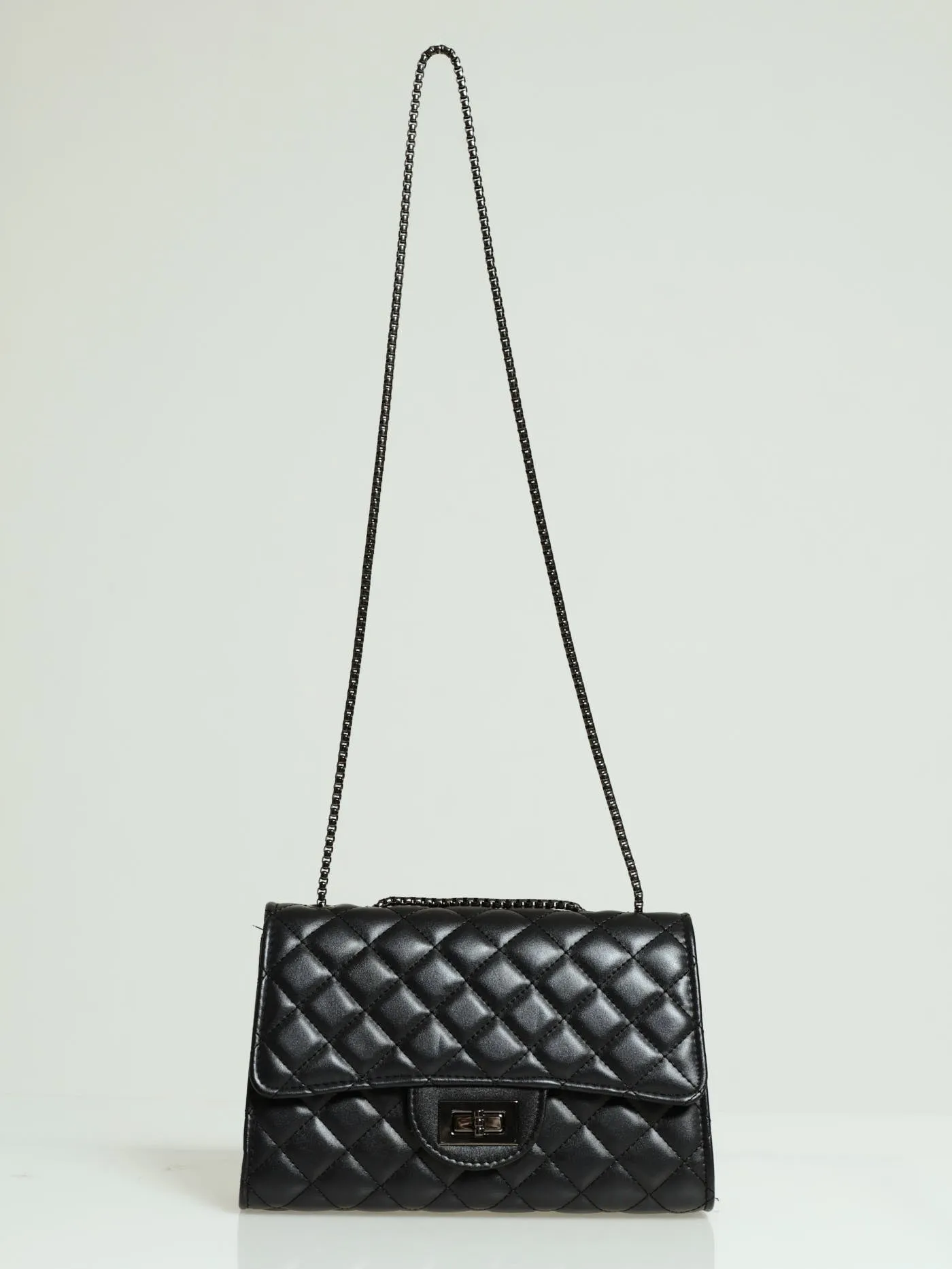 Quilted Self Colour Clasp Satchel - Black
