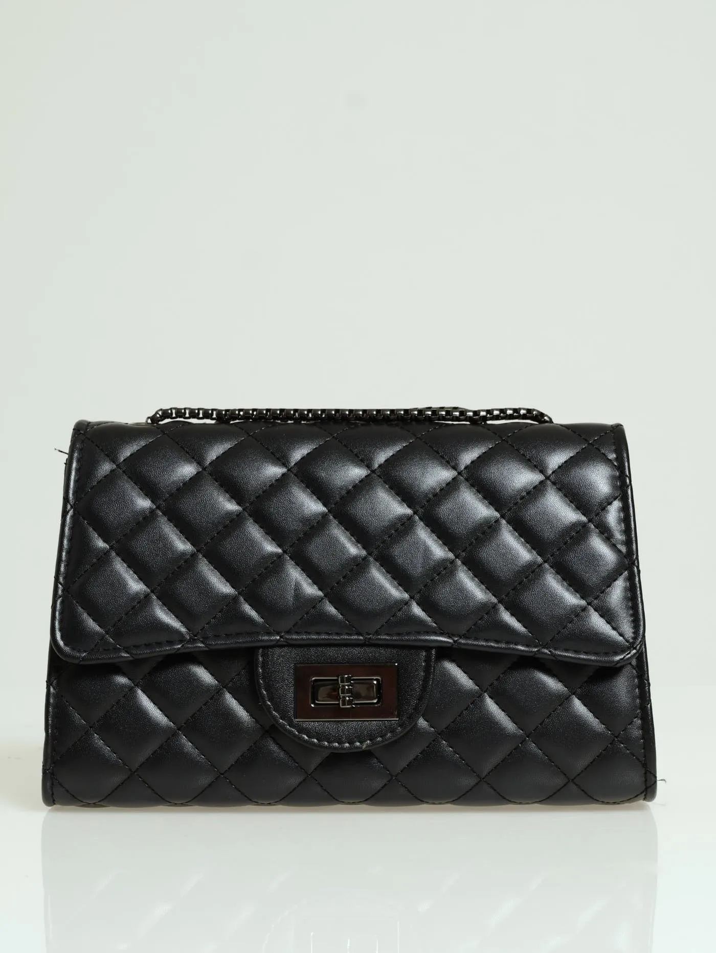 Quilted Self Colour Clasp Satchel - Black