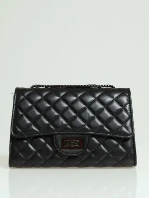 Quilted Self Colour Clasp Satchel - Black