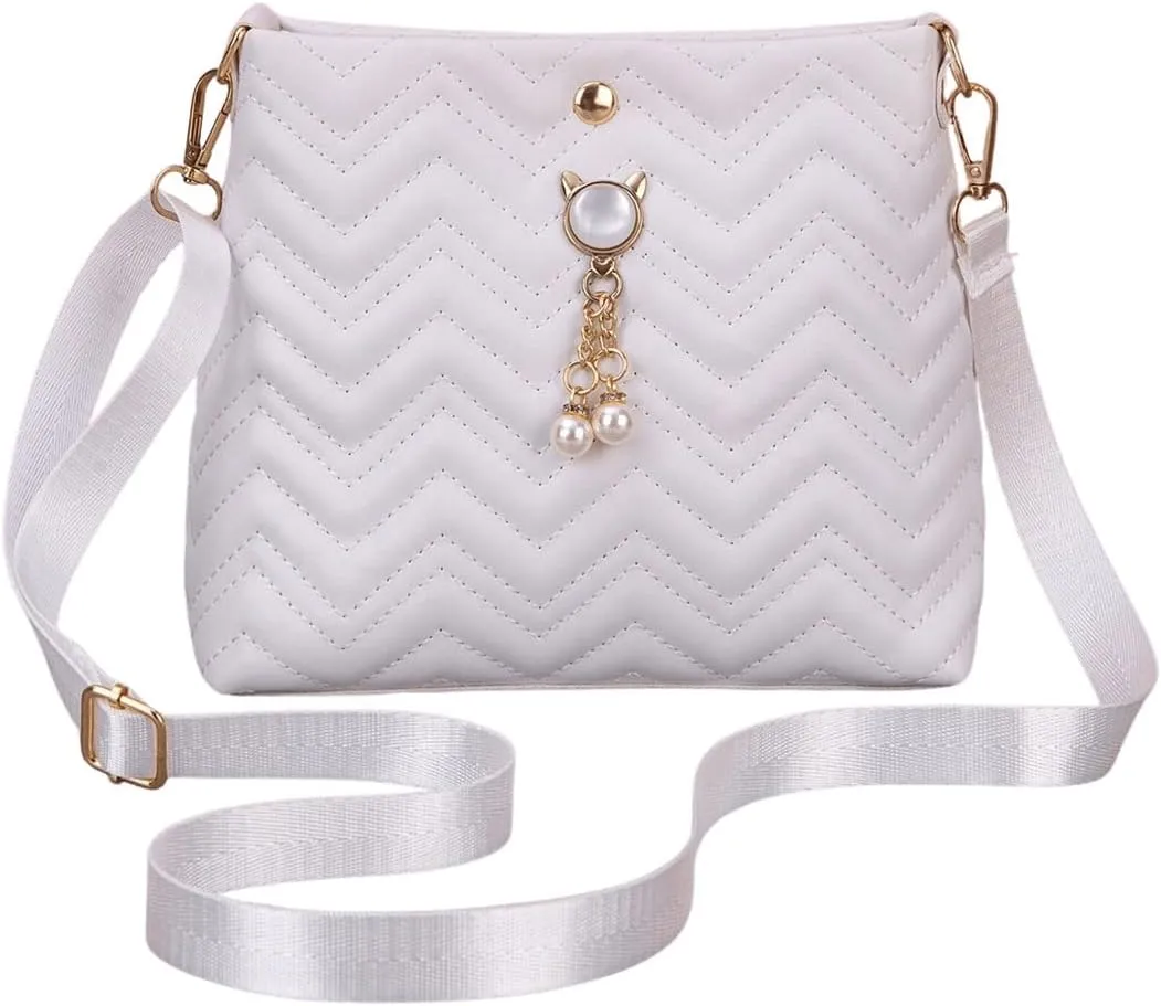 QWINEE Women's Quilted Crossbody Bag Faux Pearl Handbag Shoulder Bags with Adjustable Strap