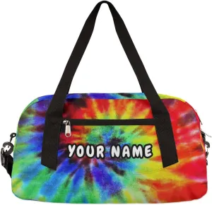 Rainbow Tie Dye Personalized Kids Duffel Bag for Girls Boys, Rainbow Debris Custom Name Dance Bag Overnight Small Duffel Bag Carry On Weekend Sports Travel Bag for School Practice Gymnastics Ballet