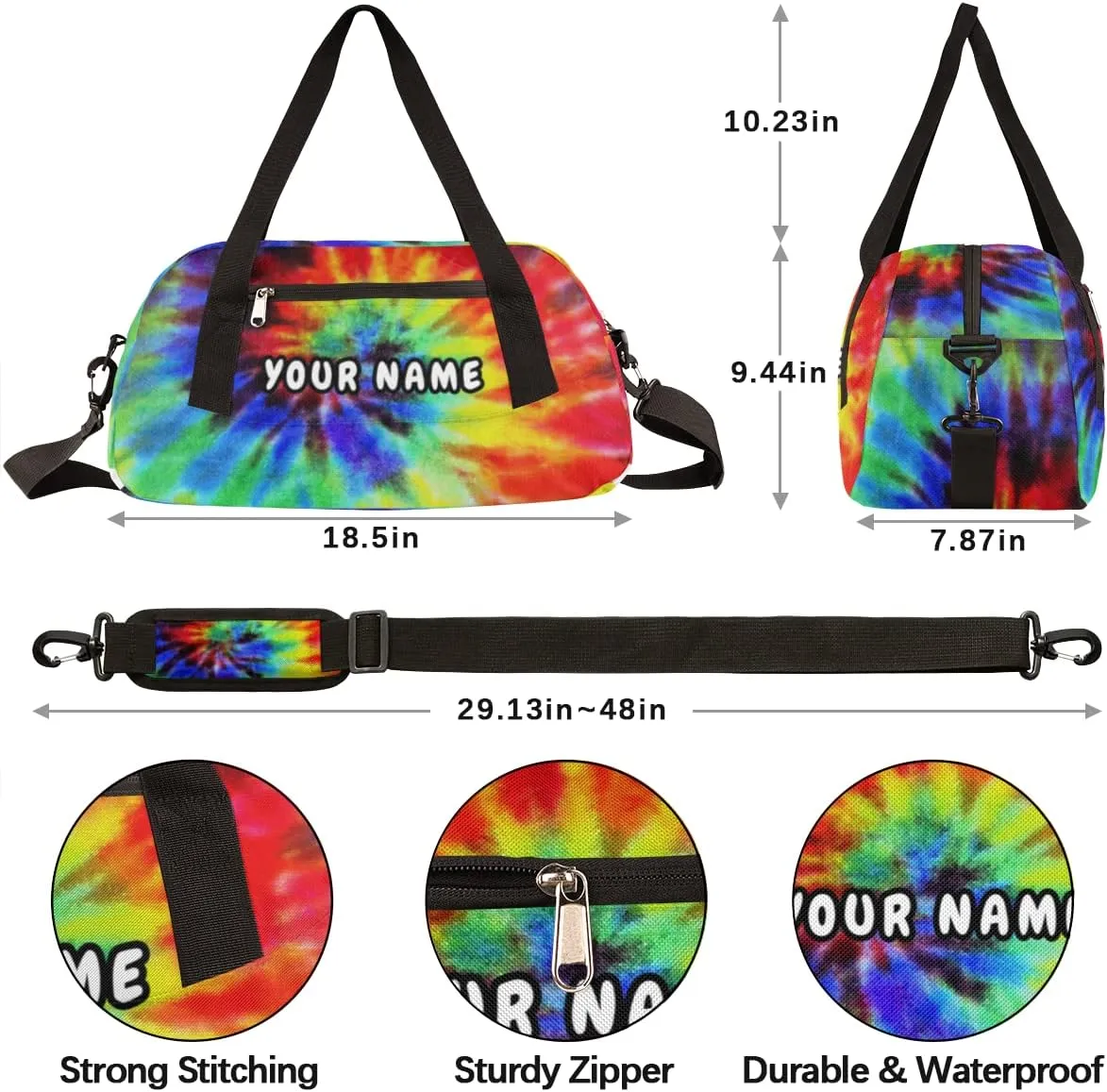 Rainbow Tie Dye Personalized Kids Duffel Bag for Girls Boys, Rainbow Debris Custom Name Dance Bag Overnight Small Duffel Bag Carry On Weekend Sports Travel Bag for School Practice Gymnastics Ballet