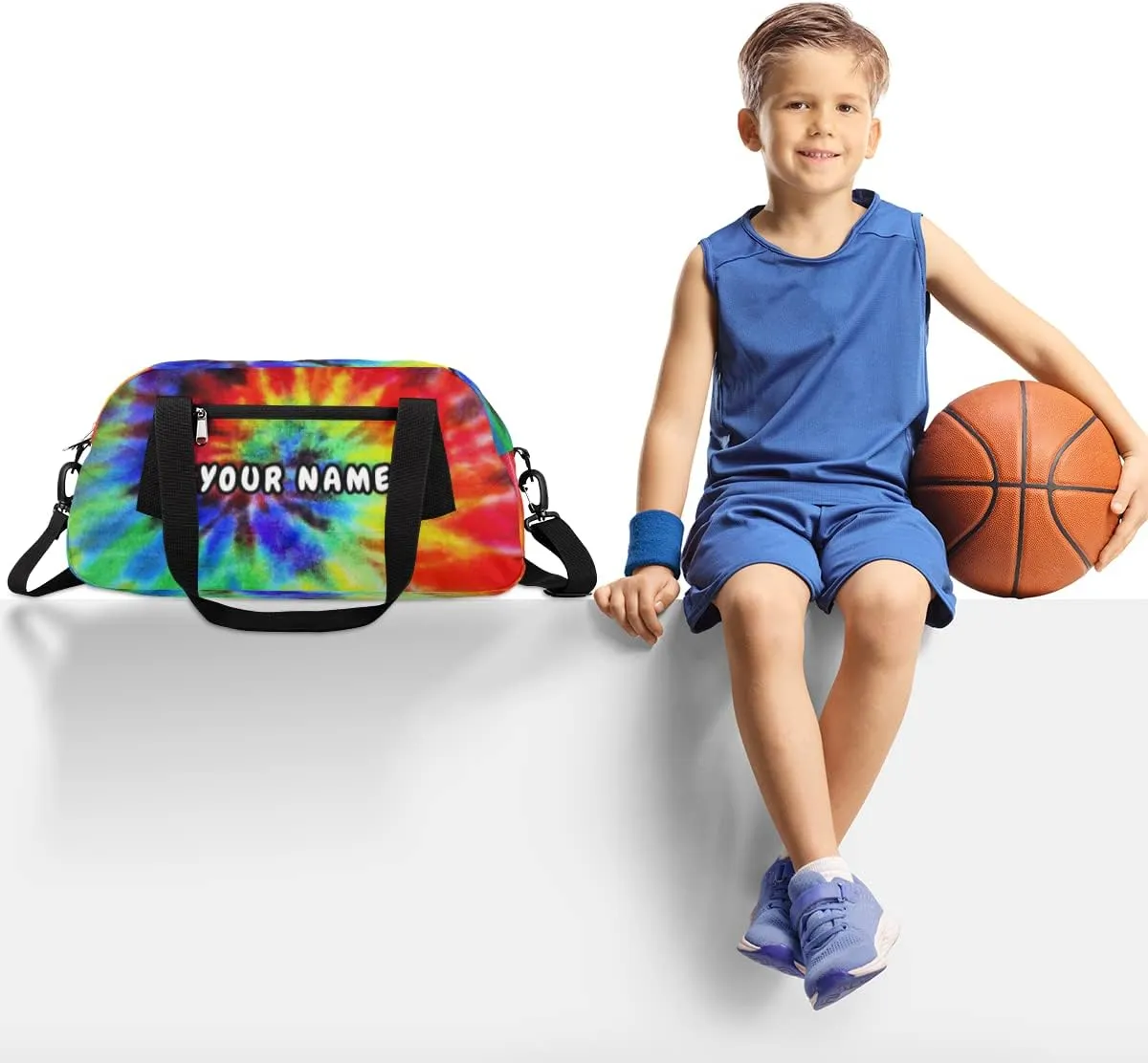 Rainbow Tie Dye Personalized Kids Duffel Bag for Girls Boys, Rainbow Debris Custom Name Dance Bag Overnight Small Duffel Bag Carry On Weekend Sports Travel Bag for School Practice Gymnastics Ballet