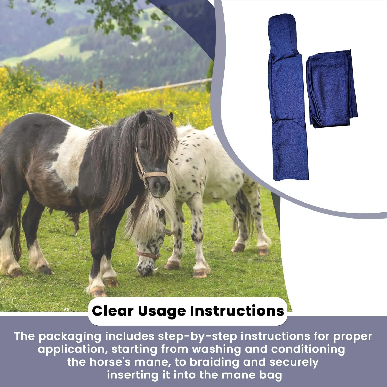 Ranch Hand Horse Mane Bags - Protect Horse's Mane from Wind, Sun & Mud - Prevents Tangles, Rubbing Out and Breakage - Made with Nylon - Easy to Use and Washable - Set of 6 (Dark Blue)