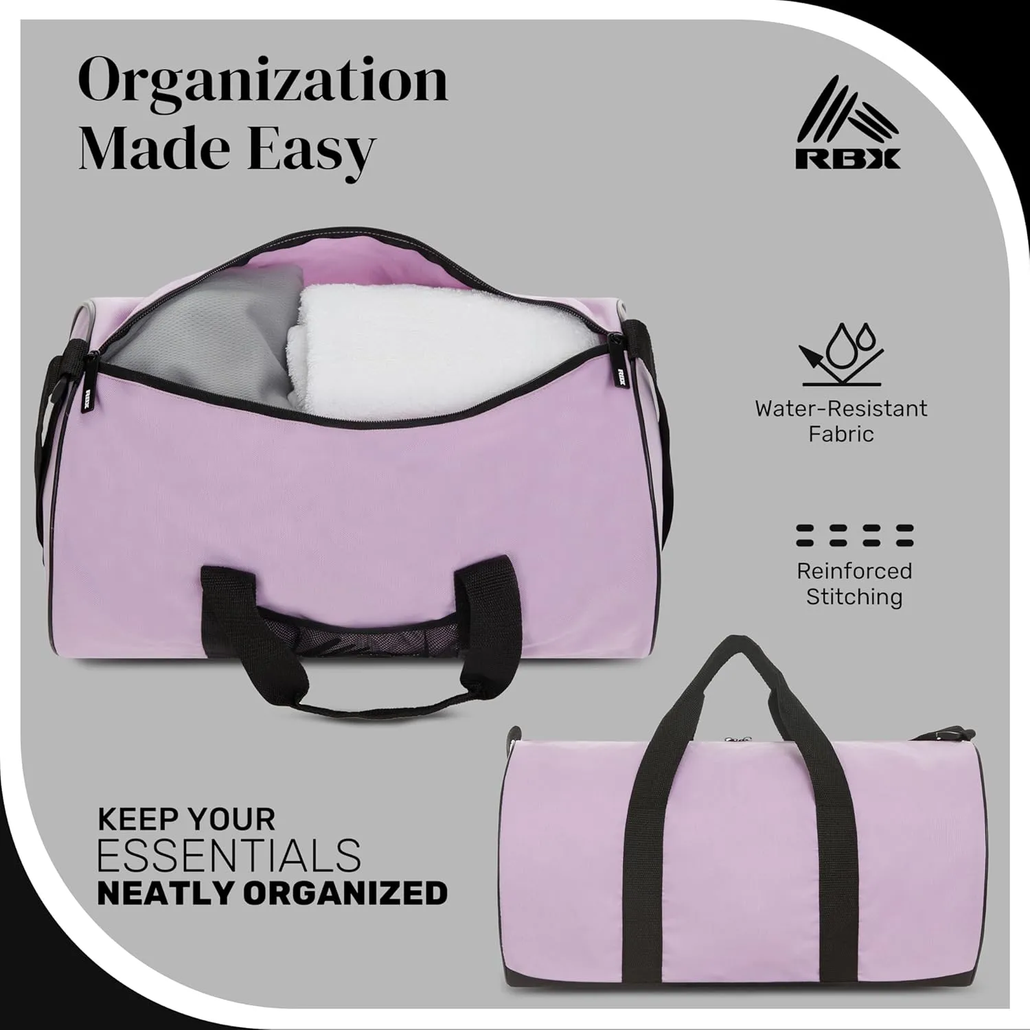 RBX Barrel Gym Bags for Men, Small Gym Bag for Women, Duffle Bag for Travel, Sports Bag, Camping, Weekend, Carry On, Overnight Duffel Bag for Women with Shoulder Strap