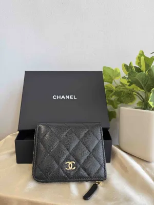RE751154000 Leather Caviar Zip-Around Efficient shipping Wallet Chanel Excellent Black
