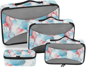 Red Turquoise Sea Shells Seahorse Corals Fish On White 4 PCs Set Packing Bags, Luggage Organizer Bag, Portable Cube Toiletry bag, Durable Travel Cosmetic Storage Bag for Men Women