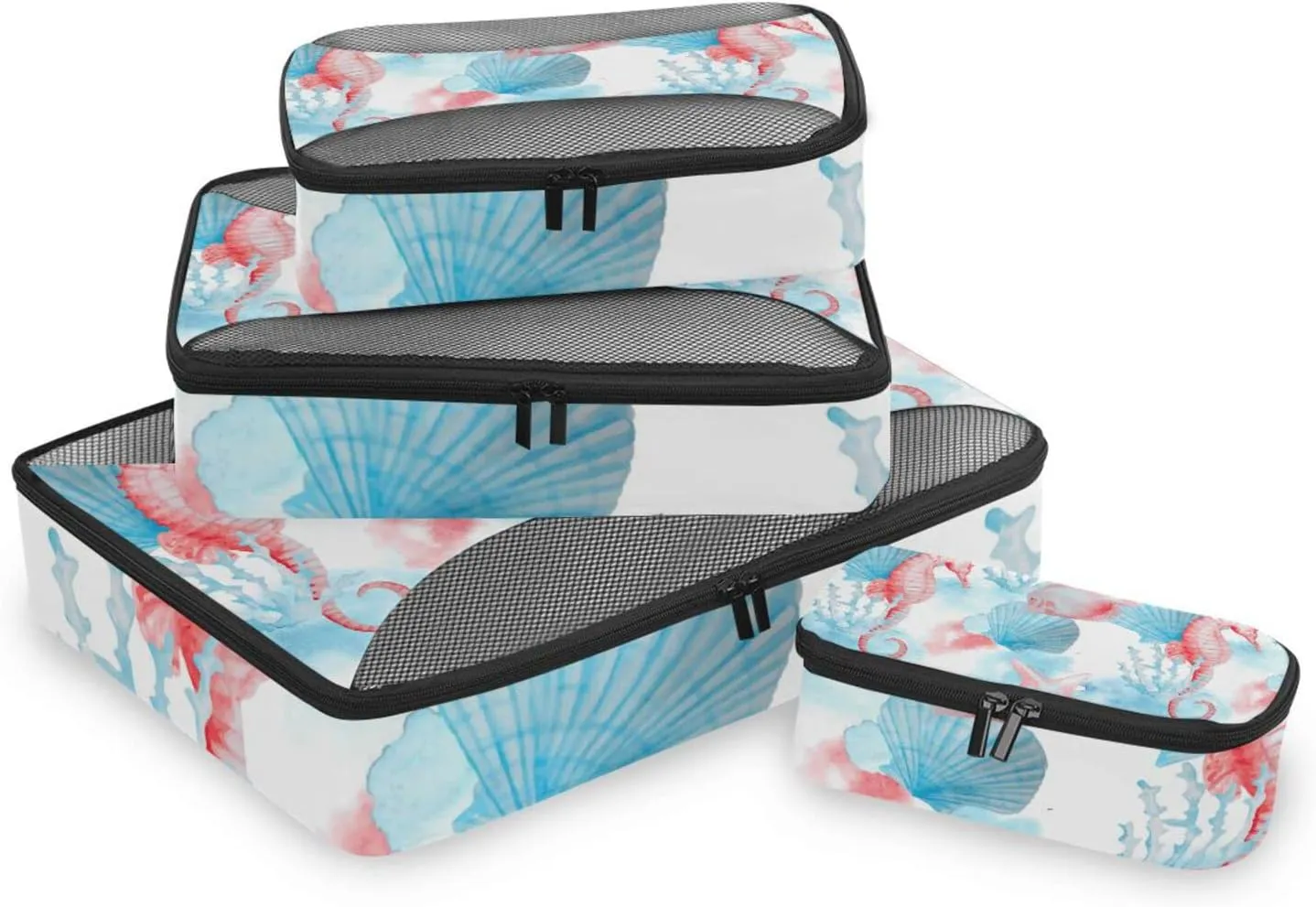 Red Turquoise Sea Shells Seahorse Corals Fish On White 4 PCs Set Packing Bags, Luggage Organizer Bag, Portable Cube Toiletry bag, Durable Travel Cosmetic Storage Bag for Men Women