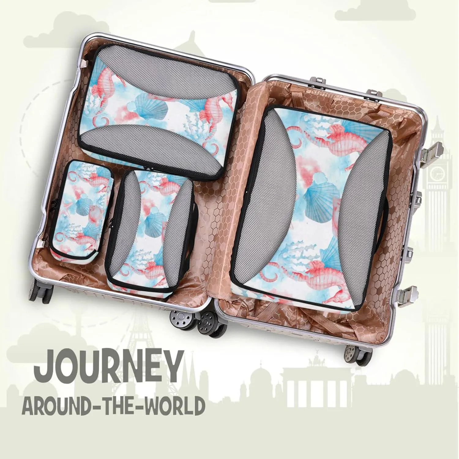 Red Turquoise Sea Shells Seahorse Corals Fish On White 4 PCs Set Packing Bags, Luggage Organizer Bag, Portable Cube Toiletry bag, Durable Travel Cosmetic Storage Bag for Men Women